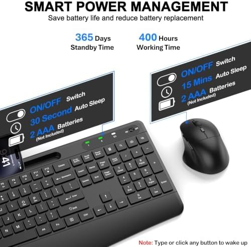 Ergonomic Wireless Keyboard and Mouse Combo, Full-Size Silent Keyboard with Wrist Rest & Phone Holder, 3 DPI Adjustable Mouse, 2.4G Lag-Free Cordless, Long Battery Life for PC Laptop Mac Windows