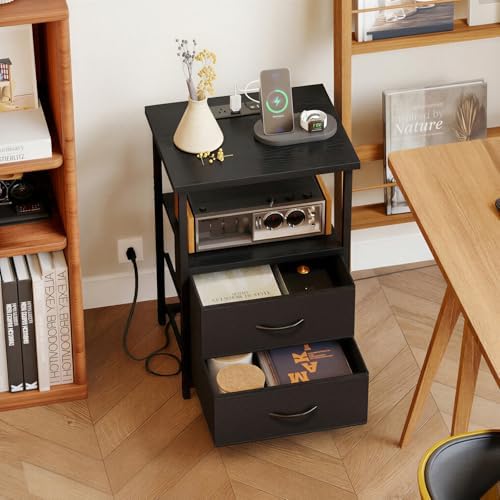 Fixwal Night Stand with Charging Station, 2 Fabric Drawers, Black
