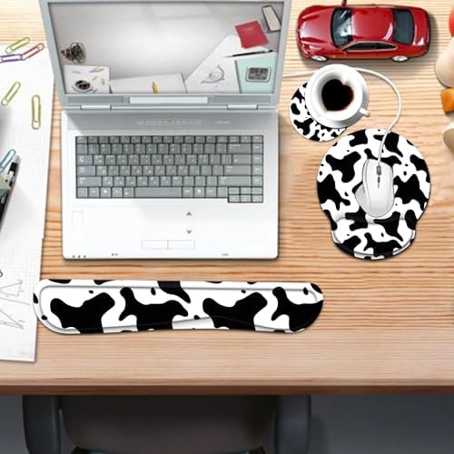 Keyboard Wrist Rest and Mouse Pad Wrist Support Set with Coaster,Ergonomic Mouse Pad,Comfortable for Easy Typing, Pain Relief,Memory Foam Keyboard Pad Set for Laptop Mac,Cow Print