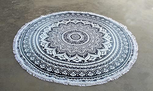 Round Beach Tapestry Turquoise Mandala Throw/Boho Hippie Beach Blanket Roundie/Indian Cotton Bohemian Large Round Table Cloth-Home Decor/Yoga Mat Meditation Picnic Rug (42", Grey)