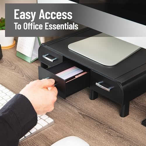 Mind Reader Monitor Stand, 3 Storage Drawers, Desktop Organizer, Riser, Office, 13.5"L x 13"W x 4"H, Set of 2, Black