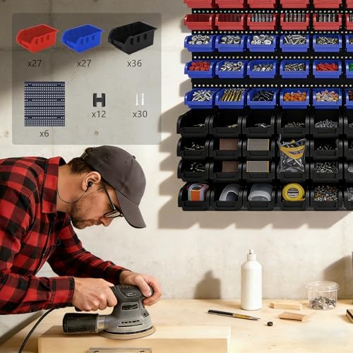 90Pcs Plastic Wall Mounted Storage Bins Parts Rack Nuts And Bolt Bins Organizer For Shop Garage for Screws, Nuts, Bolts, Nails, Beads, and Small Hardware Parts,Red,Blue,Black