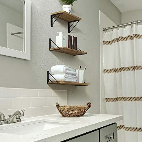 BAYKA Wall Shelves for Bedroom Decor, Floating Wall Shelves for Living Room Kitchen Storage, Wall Mounted Rustic Wood Floating Shelves for Kids Books, Corner Shelves for Bathroom(Brown,Set of 3)