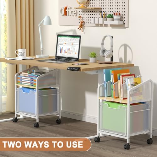 Tiaoheka Rolling File Cabinet with Adjustable Dividers, Mobile Filing Cabinet with Storage Drawer on Lockable Wheels, Hanging File Organizer Beside Under Desk for Office, Home, White(Patent Pending)