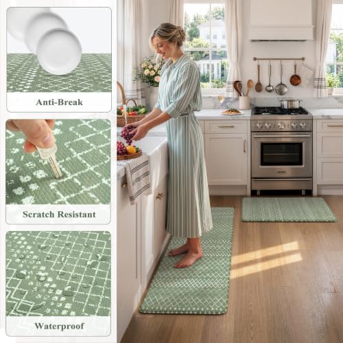 KIMODE Kitchen Mats for Floor Anti Fatigue Green Boho Kitchen Rugs Sets