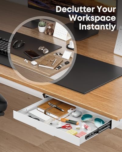 PUTORSEN Under Desk Storage Drawer 14.8" Wide - Smooth Slide Out Organizer for Standing Desk & Home Office, Max Load 17.6 lbs, Quiet Glide, White