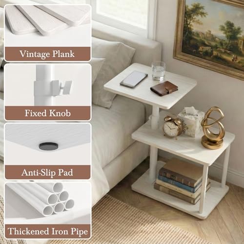 Faesun 360° Swivel Side Table for Height Adjustable, C Shaped End Table for Couch with Storage, 3-Tier Night Stand with Open Shelf, Tv Tray for Small Spaces, Living Room, Bedroom, White