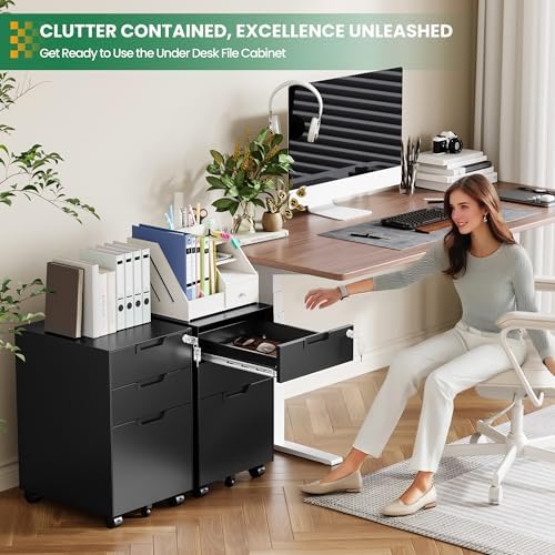 3-Drawer File Cabinet with Lock, Under Desk Rolling Filing Cabinet for Legal/Letter/A4 File Folder, Printer Stand, Metal Storage Cabinet on Wheels for Home Office(Fully Assembled,Black)