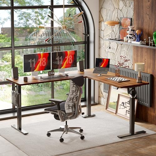 TIQLAB 75 x 61 inch L Shaped Standing Desk Adjustable Height, Electric Corner Standing Desk, Sit Stand Computer Table with Splice Board, Black Walnut