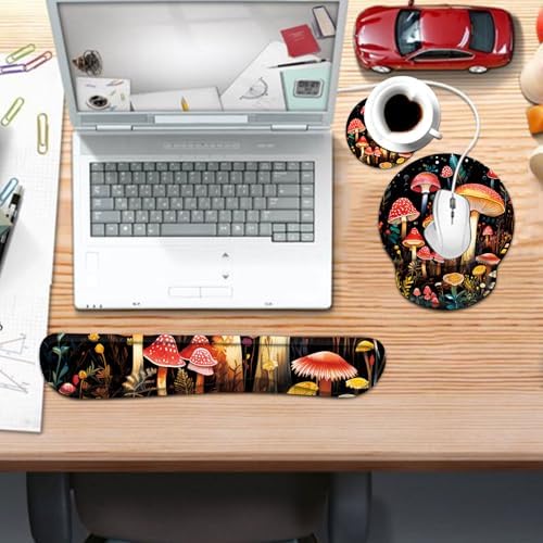 Keyboard Wrist Rest and Mouse Pad Wrist Support Set with Coaster,Comfortable for Easy Typing,Pain Relief,Memory Foam Keyboard Pad Set for Laptop Mac,Cute Mushrooms