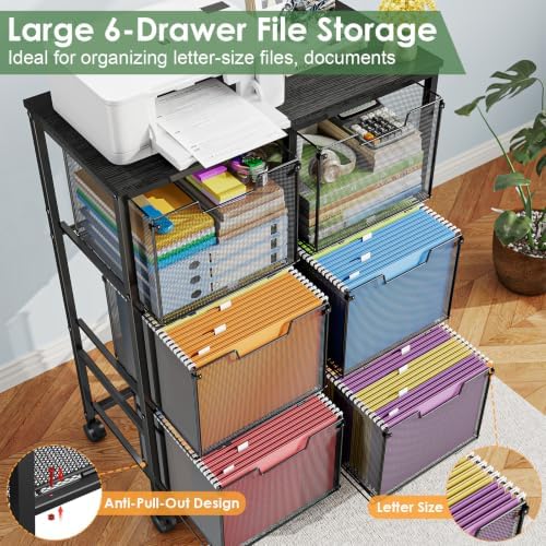 Sbanmao 6 Drawer Lateral File Cabinet with Wheels, Mobile File Cabinet & Printer Stand, Heavy Duty Wood Top for Large Printers, Under Desk Storage Cabinet Fits Letter Size Files for Home Office, Black