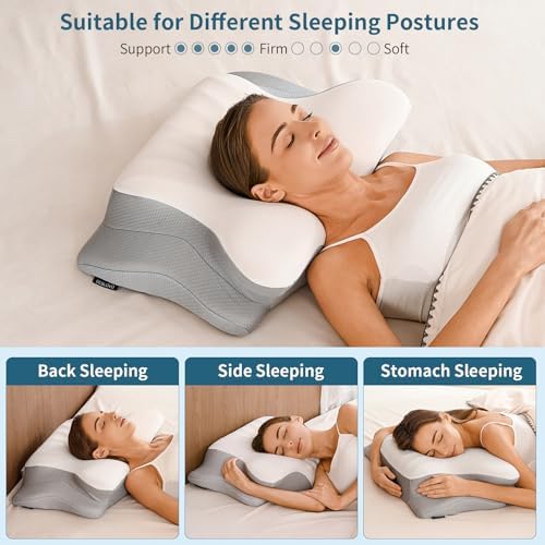 Ylekto Cervical Neck Pillow for Pain Relief - Contour Memory Foam Pillows for Sleeping, Ergonomic Pillow Side Sleeper Pillow for Neck Support, Bed Pillow for Side Back Stomach Sleepers (White)