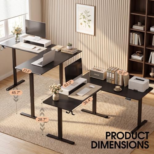 Furmax 63 x 55 Inch L Shaped Standing Desk with 2 Preset Heights, Electric Height Adjustable Computer Table, 2 Hooks & Feet Balance, Corner Sit Stand Desk for Home Office (Black, 63 x 55 Inch)