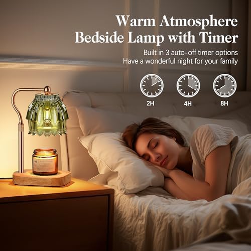 Candle Warmer Lamp with Timer Dimmer, Modern Wax Warmer for Scented Wax Jar Candle Warmer with 2 Bulbs, Adjustable Height Glass Lamp for Gifts for Women, Home Decor, Gold Green