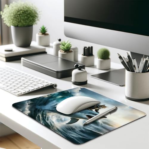 Cat Knight Riding a Shark Mouse Pad, Funny Fantasy Surfing Scene Desk Mat