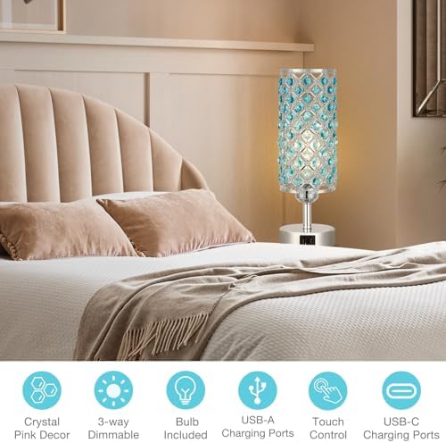 Blue Crystal Bedside Lamp, Nightstand Lamp for Bedroom (Bulb included)