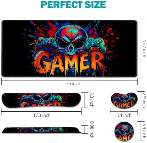 AIMSA Large Gaming Mouse Pad Set, Keyboard Wrist Rest Support + Extended Mouse Pad + Mouse Wrist Cushion + Coaster, Skull Gamer Ergonomic Memory Foam Multifunctional Desk Mat 35x15.7inch