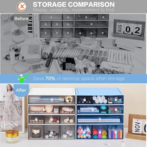 Desk Storage Organizer with 9 Drawers, 4 Tiers Stackable Desktop Craft Storage Drawers, Clear Storage Box Caddy for Stationary Makeup Jewelry Office Craft Supplies (Blue)