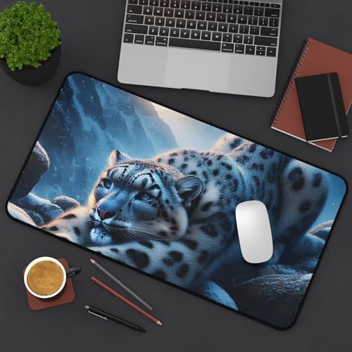 Vibrant Snow Leopard Stretching on Rocks Desk Mat - ICY Blues & Smooth Surface