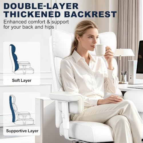 Misolant Big and Tall Office Chair with Footrest, High Back Executive Desk Chair with Adjustable Lift Armrest, 155°Recline,Lumbar Support Pillow, Faux Leather Gaming Chairs for Home All White