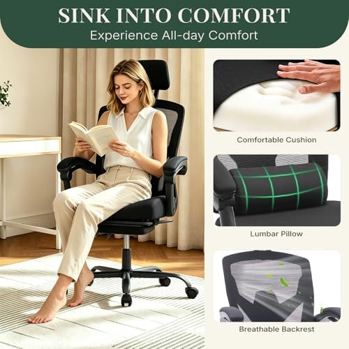 Ergonomic Office Chair with Footrest, High Back Home Desk Computer Chair with Lumbar Support & Headrest, 90-135° Reclining Mesh Back with Wheels for Work, Gaming, Black