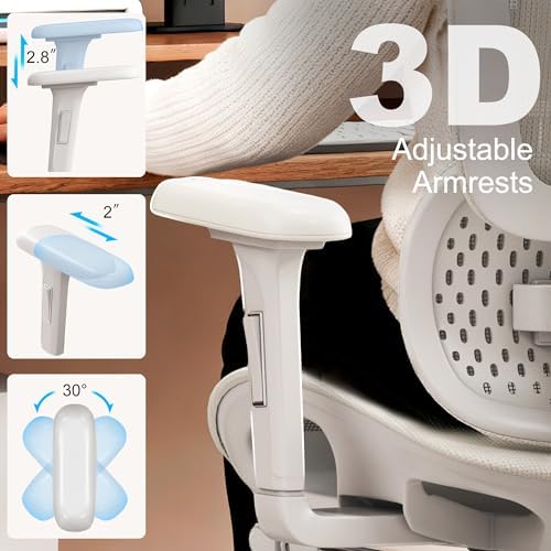 Vonesse Ergonomic Office Chair,Desk Chair with Adjustable 3D Headrest and Armrests, Gaming Chair with Dynamic Lumbar Support & Adjustable Depth Breathable Mesh Seat (White)