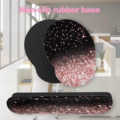 Rose Gold Glitter Mouse Pad with Wrist Rest and Keyboard Wrist Rest Set, Non-Slip Rubber Base Memory Foam Mouse Pad Set for Women, Office Desk Accessories, Gaming