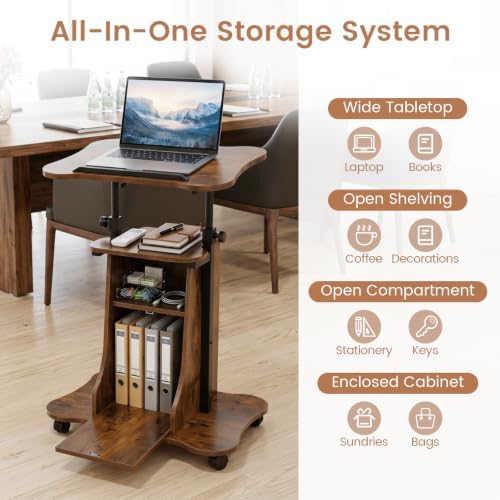 GIANTEX Mobile Podium Stand, Height Adjustable Laptop Computer Cart w/Tilting Top, Storage Cabinet & Lockable Wheels, Church Classroom Lecture, Sit-to-Stand Desk for Home Office (Rustic Brown,1)