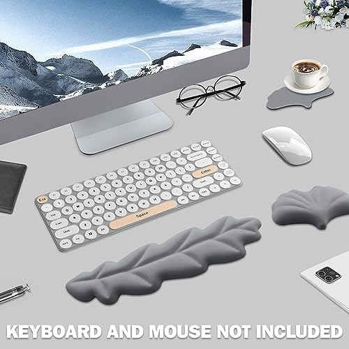 Keyboard Wrist Rest Pad Set, Leaf Shape PU Leather Memory Foam Wrist Cushion Support,Mouse Wrist Rest Pad,Non-Slip Wrist Support for Easy Typing Pain Relief, Grey Leaf