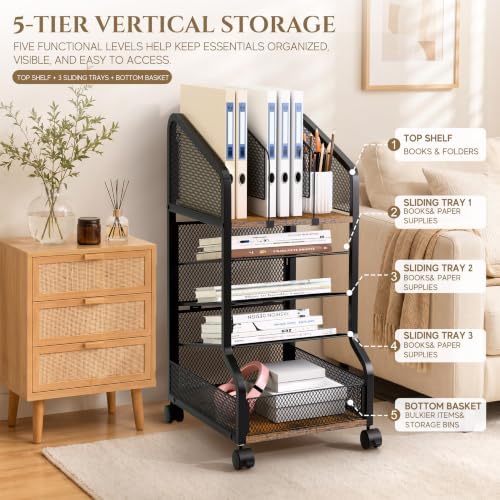Rolling File Cart Under Desk Storage and Organizers 5-Tier Black