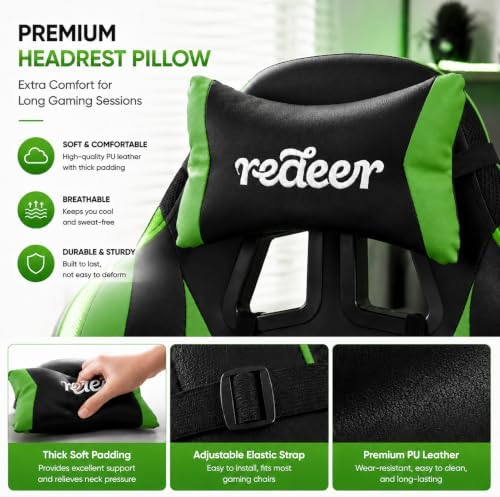 Redeer Led RGB Gaming Chair with Speakers Massage & Footrest, Reclining Gamer Chair for Adults, Video Game Chairs with Canopy, Heavy Duty Gaming Chair Massage, 350LBS Green