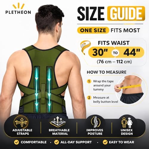 Posture Corrector for Men & Women by Plethon – Adjustable Back Brace, Clavicle Support & Upper Back Straightener for Better Sitting and Standing Posture, Fits 30–46 Inch Waist (Green)
