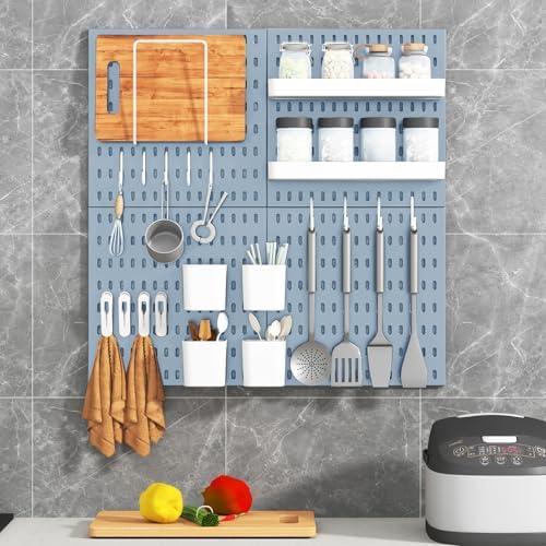 Peg Board Combination Kit, 8 Pegboards with 40 Accessories, Pegboard Wall Organizer for Office, Nursery & Home Storage, Key Holder, 51.2"x25.6" – Nail-Free Installation(Blue)