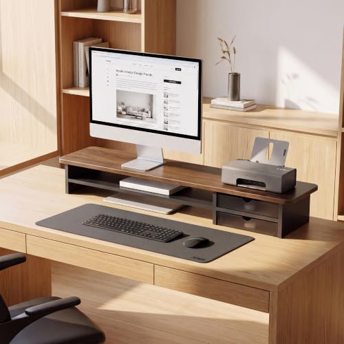 Fenge Monitor Stand, Desk Computer Riser with Frosted Storage Drawer, Brown