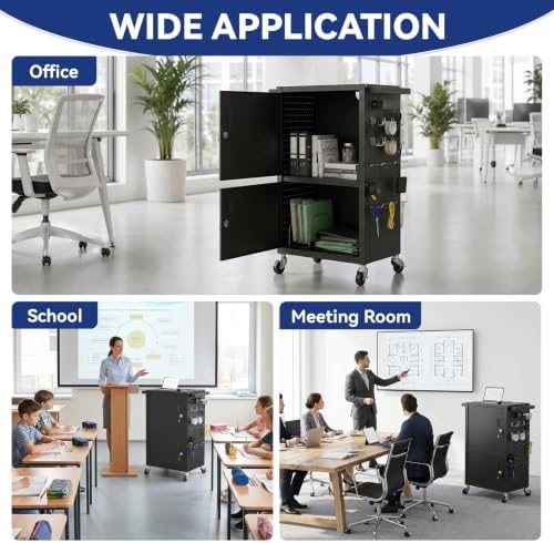 Mobile AV Cart Heavy Duty Computer Cart with 2 Locking Cabinets Rolling Media Cart with Outlets Pegboard Hooks Lock Brake Wheels Mobile Computer Workstation Perfect for Home Office