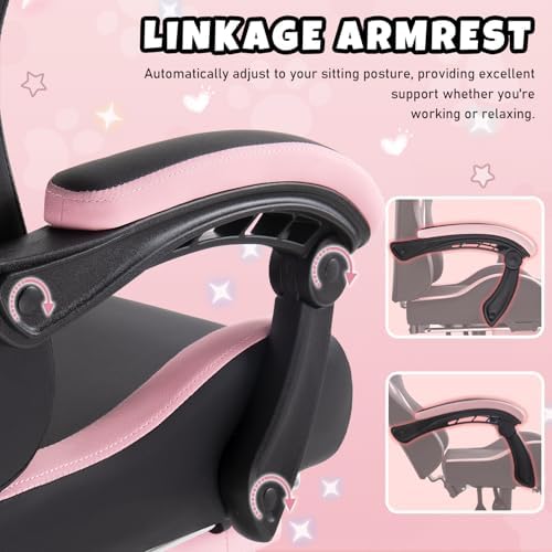 Black Gaming Chair with Cat Ears and Cat Paw Lumbar Cushion, Ergonomic Gaming Computer Desk Chair with Footrest and Linked Armrests, Comfortable Cute Cat PU Leather Game Chair for Girls and Adults
