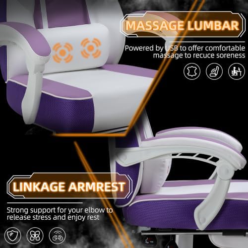 Gaming Chair Ergonomic Computer Gaming Chairs with Footrest, Massage Lumbar Support, Height Adjustment, and 360° Swivel Seat (Purple)