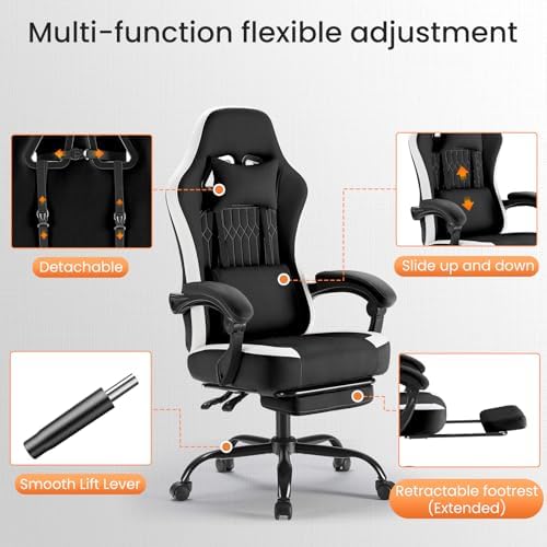 NEWBULIG Gaming Chair with Footrest – High Back Ergonomic Computer Desk Chair with Lumbar Support, Headrest, Linkage Armrests, Reclining Office Chair with 360° Swivel & Height Adjustment, Blake