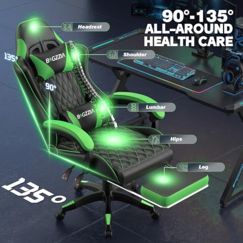 Bigzzia Gaming Chair with Footrest, Comfortable Gamer Chairs Green