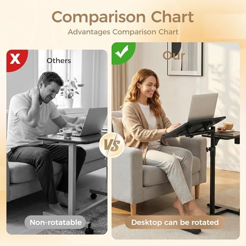 YUHFERA Rolling Table for Laptop Stand, Height and Angle Adjustable Over Bed Table with Wheels, Tilt-Top Laptop Desk for Couch with Cup Holder, Bed Table Tray for Eating (Black)