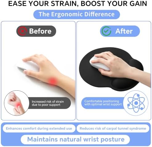 Ergonomic Mouse Pad with Wrist Rest, Contoured Fit Relieves Wrist Pressure, Smooth Lycra Surface for Free Gliding, Non-Slip PU Base, Soft Elastic Support Mouse Mat for Home Office (Black)