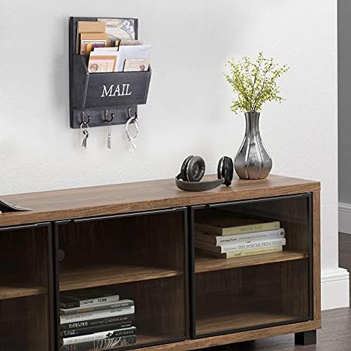 DLQuarts Solid Wood Mail Organizer with Key Holder for Wall, Mail Sorter Wall Mounted, Decorative Wooden Key and Mail Holder with 3 Hooks, Matte Black