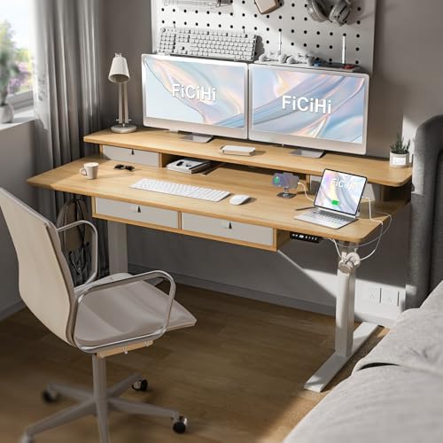 FiCiHi 55x30Inch Standing Desk with Drawers,Electric Height Adjustable Desk