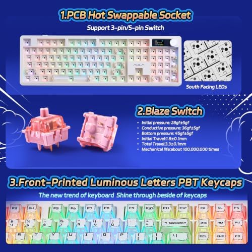 AULA Wireless Mechanical Keyboard with Screen & Knob,Creamy Gaming Keyboard
