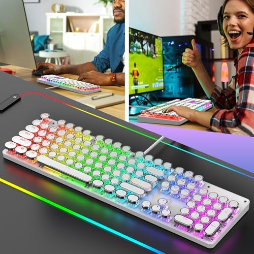 Typewriter Mechanical Gaming Keyboard with RGB Backlit Red Switches, 104 Keys Retro Round Keycap, Wired Typewriter Style Comfortable Typing Soud (R-White)