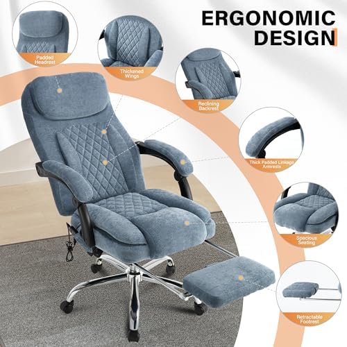 500LBS Massage Office Chair, Reclining 6 Points Vibration and Heat Desk Chair with Foot Rest, Ergonomic Executive Office Chairs, Comfy Wider & Thicker Seat, Big and Tall Gaming Chair, Fabric Blue