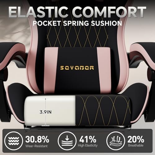 Breathable Fabric Gaming Chair with Footrest, Ergonomic High Back Computer Chair with Gold Diamond Stitching, Height Adjustable Swivel Office Chair with Lumbar Support for Adults,Blackpink