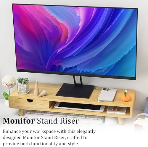 Homerays Monitor Stand with Drawer, Exquisite Computer Monitor Stand for Desk, Ergonomic Wood Monitor Stand Riser for Computer,Laptop,Printer,TV,Upgrade Bamboo