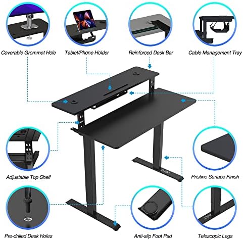 AVLT 47″ Electric Standing Desk with Dual-Tier Shelf & Tablet Holder Black