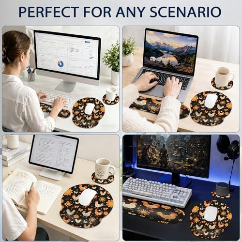 Rooster Hen Wrist Rest Support for Mouse Pad Keyboard Set, Butterfly Flower Mouse Pad with Non Slip Rubber Base for Home and Office Typing Support
